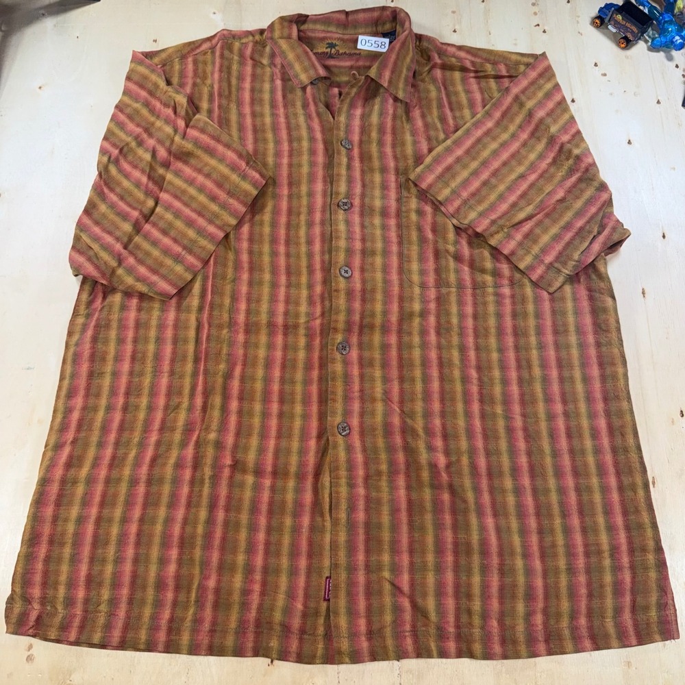 Tommy Bahama Mens L 100% Silk Shirt Orange Brown Striped Short Sleeve Button Up